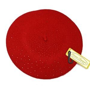 Red Beaded Beret Wool Blend Vintage Inspired Classic Style Hat w Beads - Hey Viv